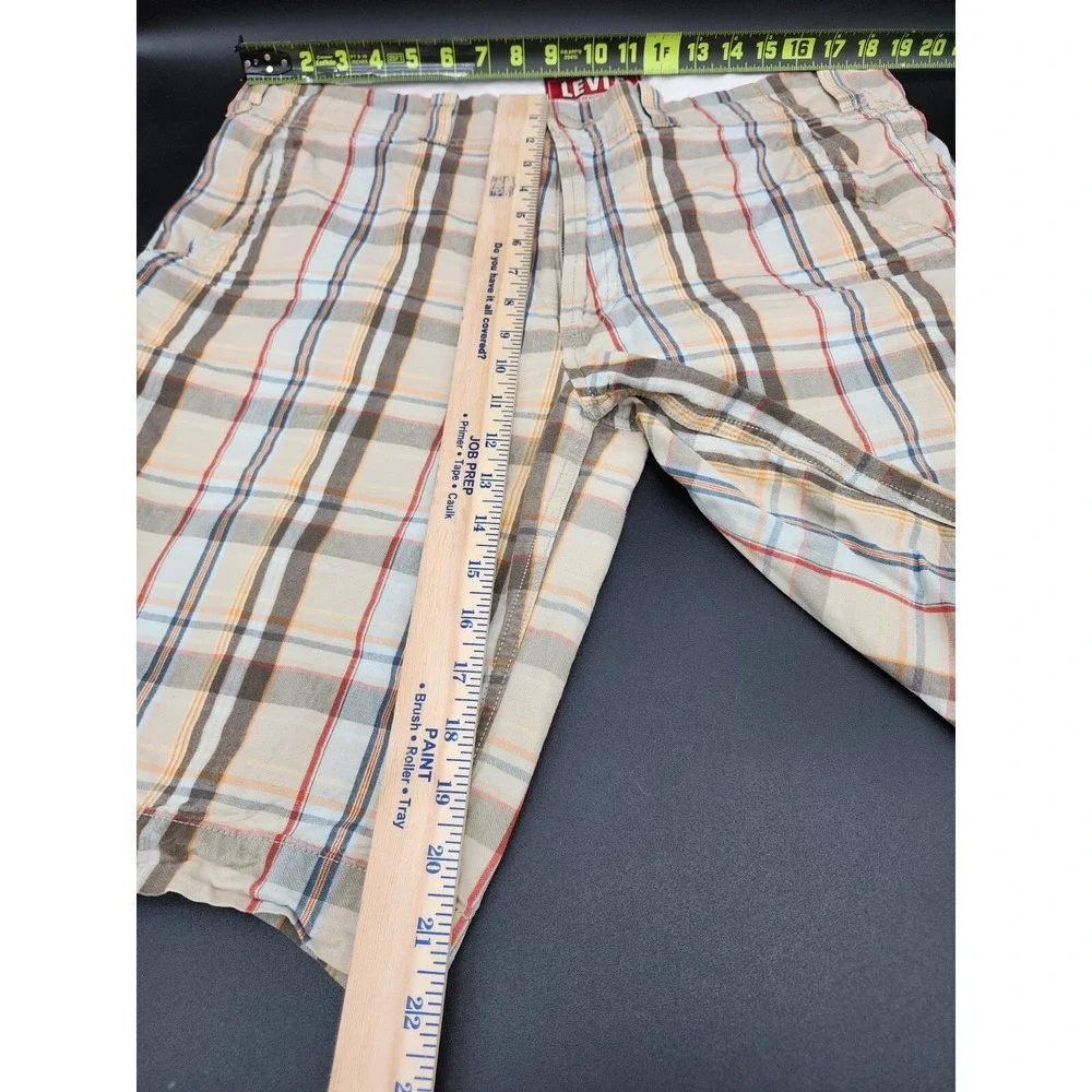 Levis Mens W 36 Seaside Flat Front Shorts White Blue Brown Check‎ Cotton EUC